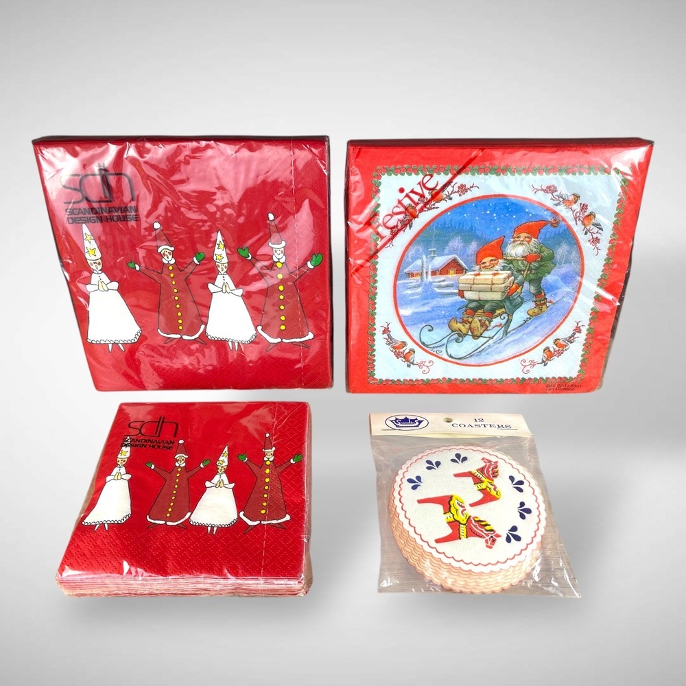 Scandinavian NOS Paper Napkins & Coasters Vintage Dala‎ Horse Gnomes Lucia